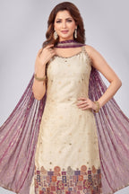 Cream Art Silk Woven Straight Cut Kurti Set