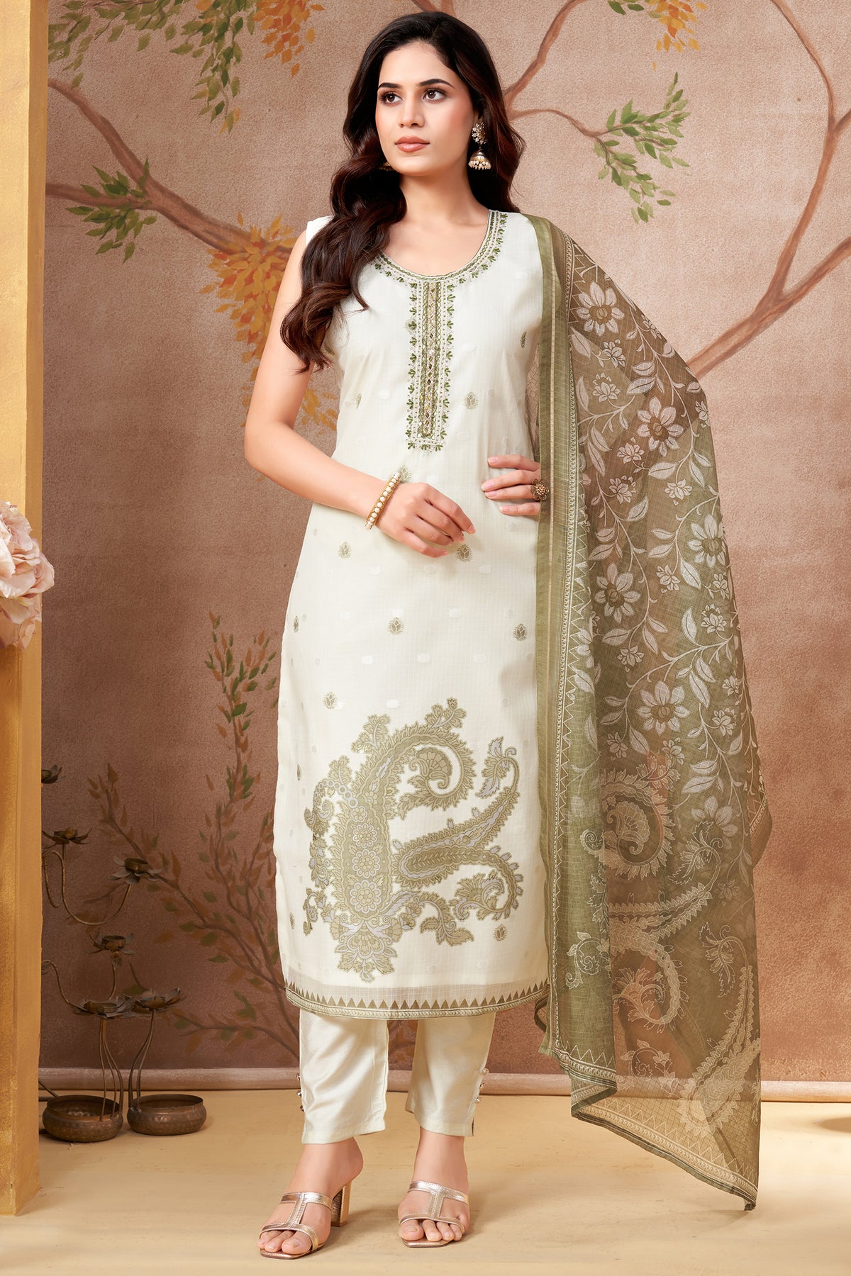 Off White Chanderi Paisley Printed Straight Cut Kurti Set