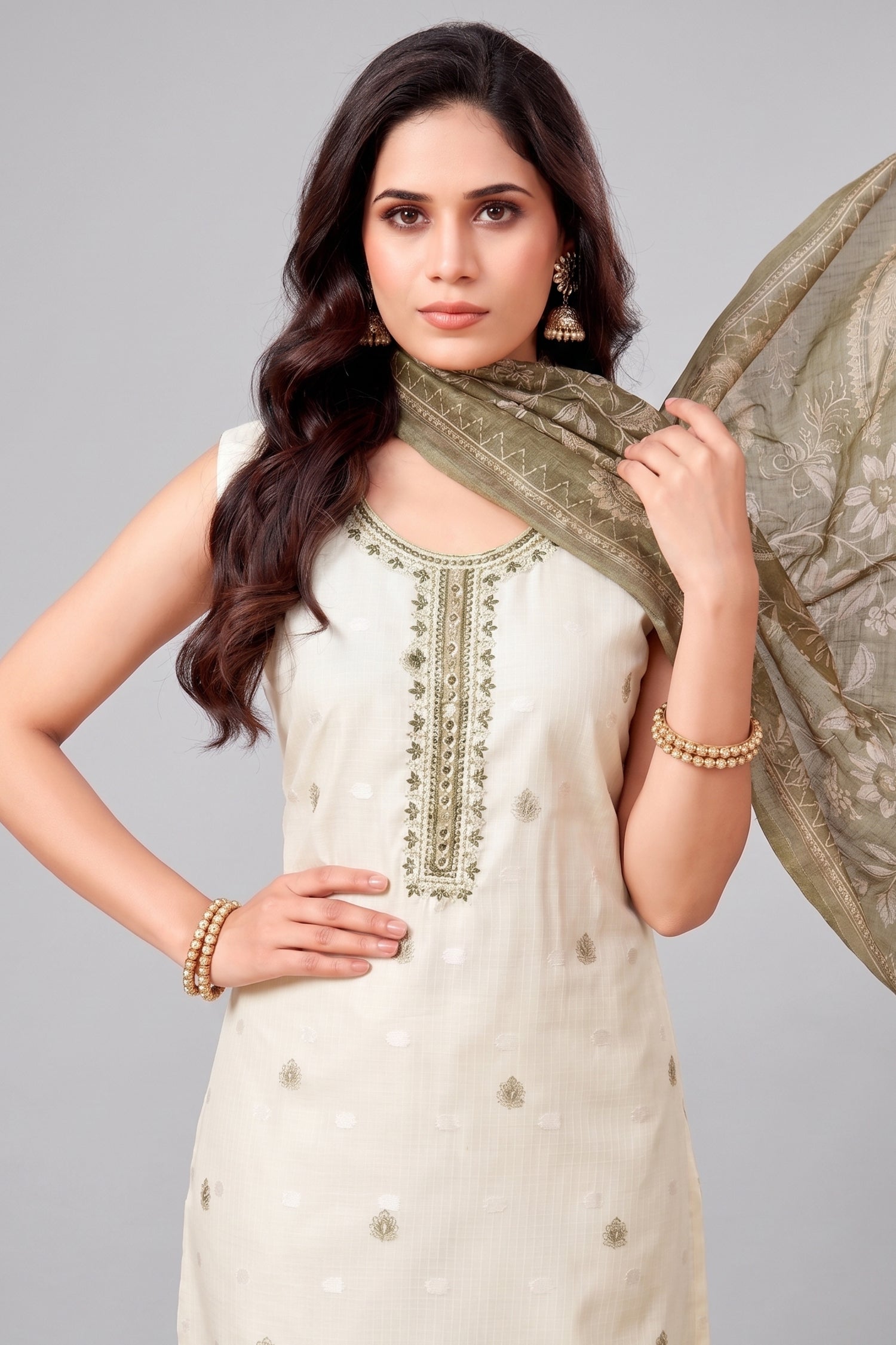 Off White Chanderi Paisley Printed Straight Cut Kurti Set Secondary image