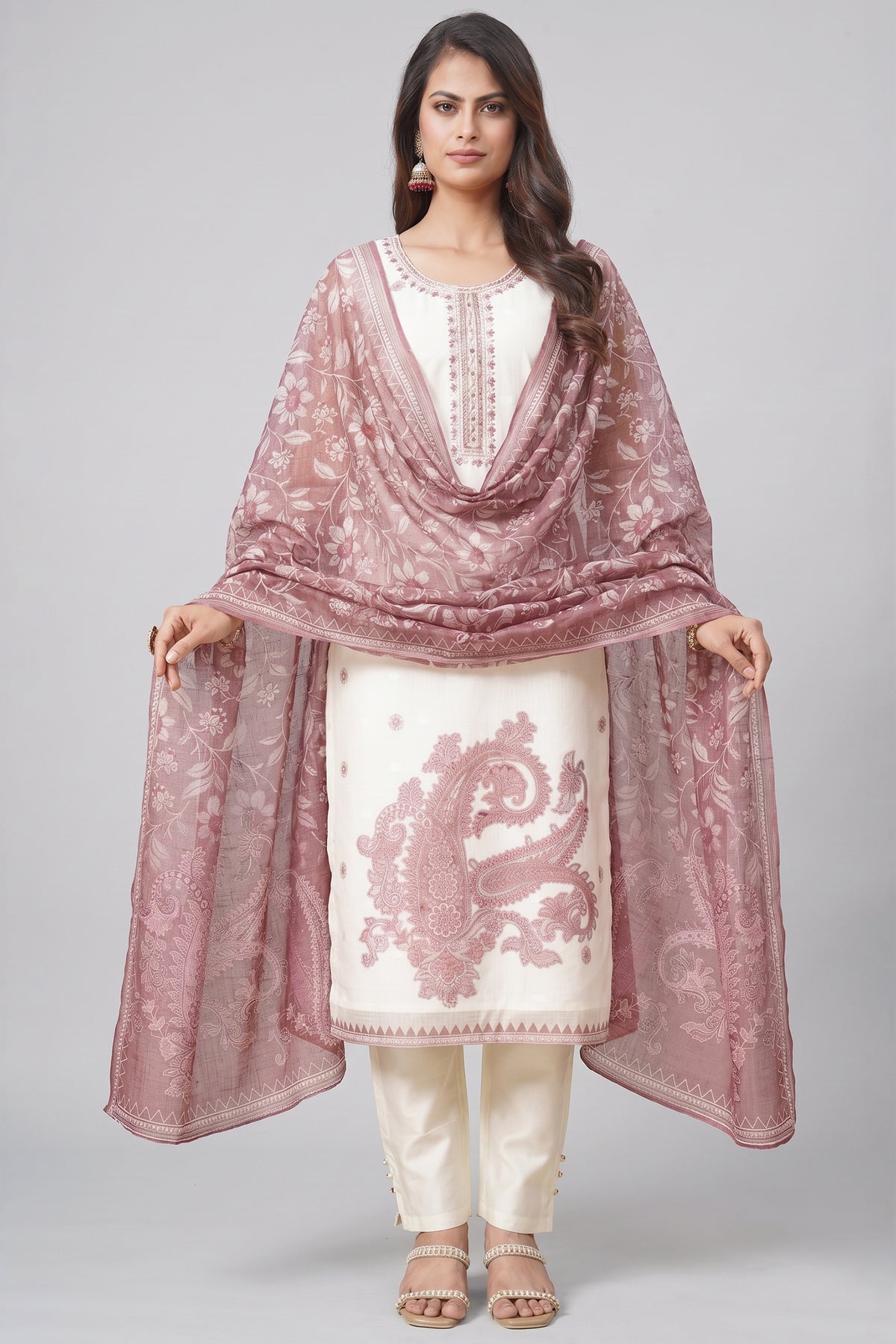 Off White Chanderi Paisley Printed Straight Cut Kurti Set