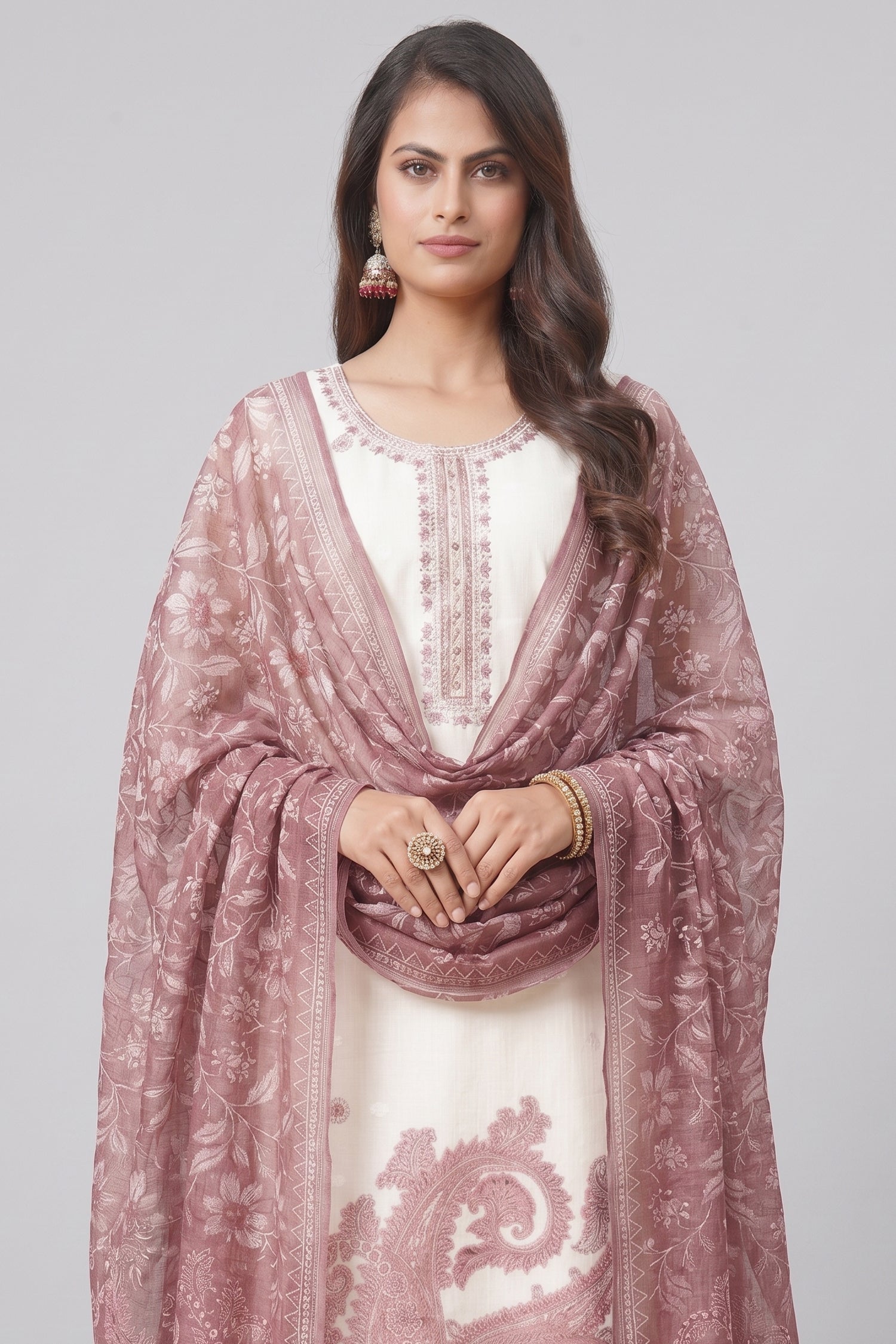 Off White Chanderi Paisley Printed Straight Cut Kurti Set Main image