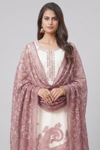 Off White Chanderi Paisley Printed Straight Cut Kurti Set