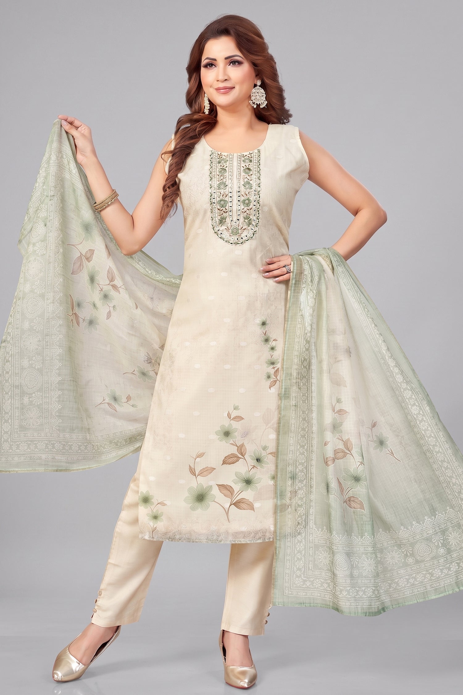 Cream Chanderi Cotton Floral Digital Printed Straight Cut Kurti Set