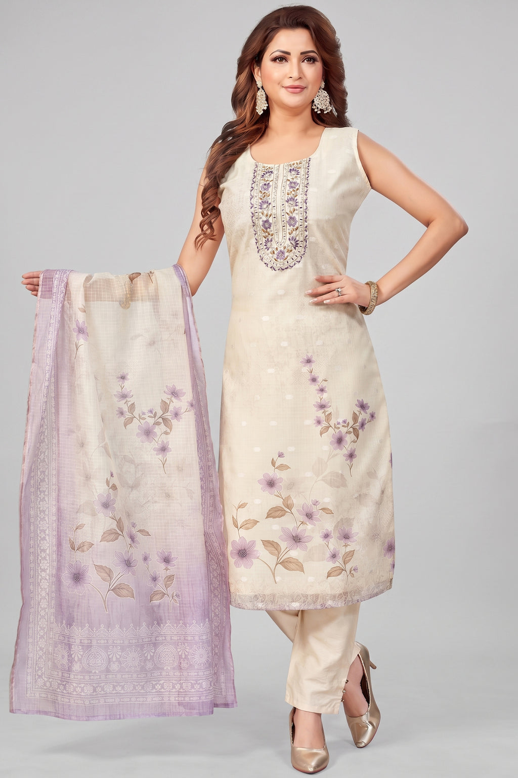 Cream Chanderi Cotton Floral Digital Printed Straight Cut Kurti Set