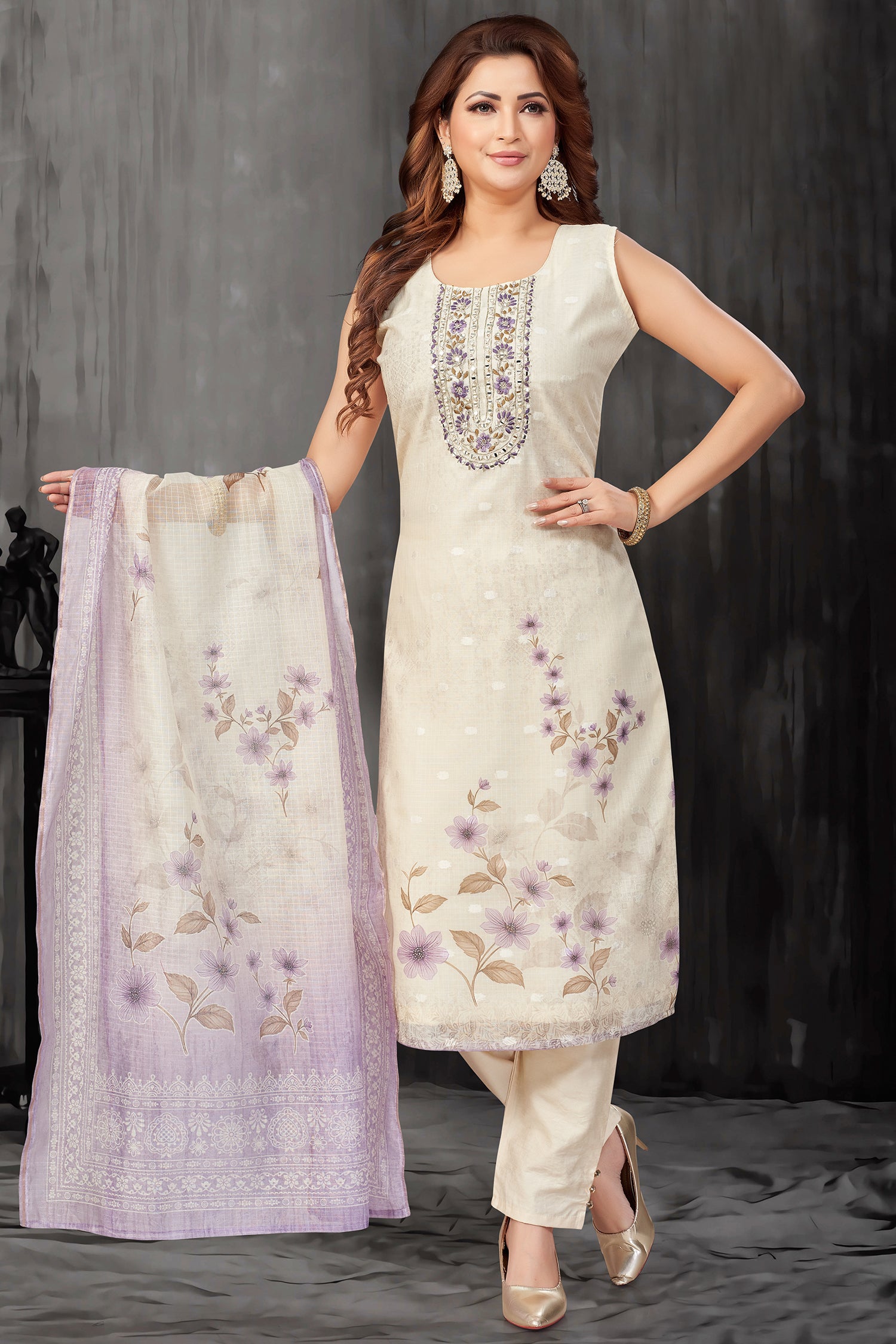 Cream Chanderi Cotton Floral Digital Printed Straight Cut Kurti Set