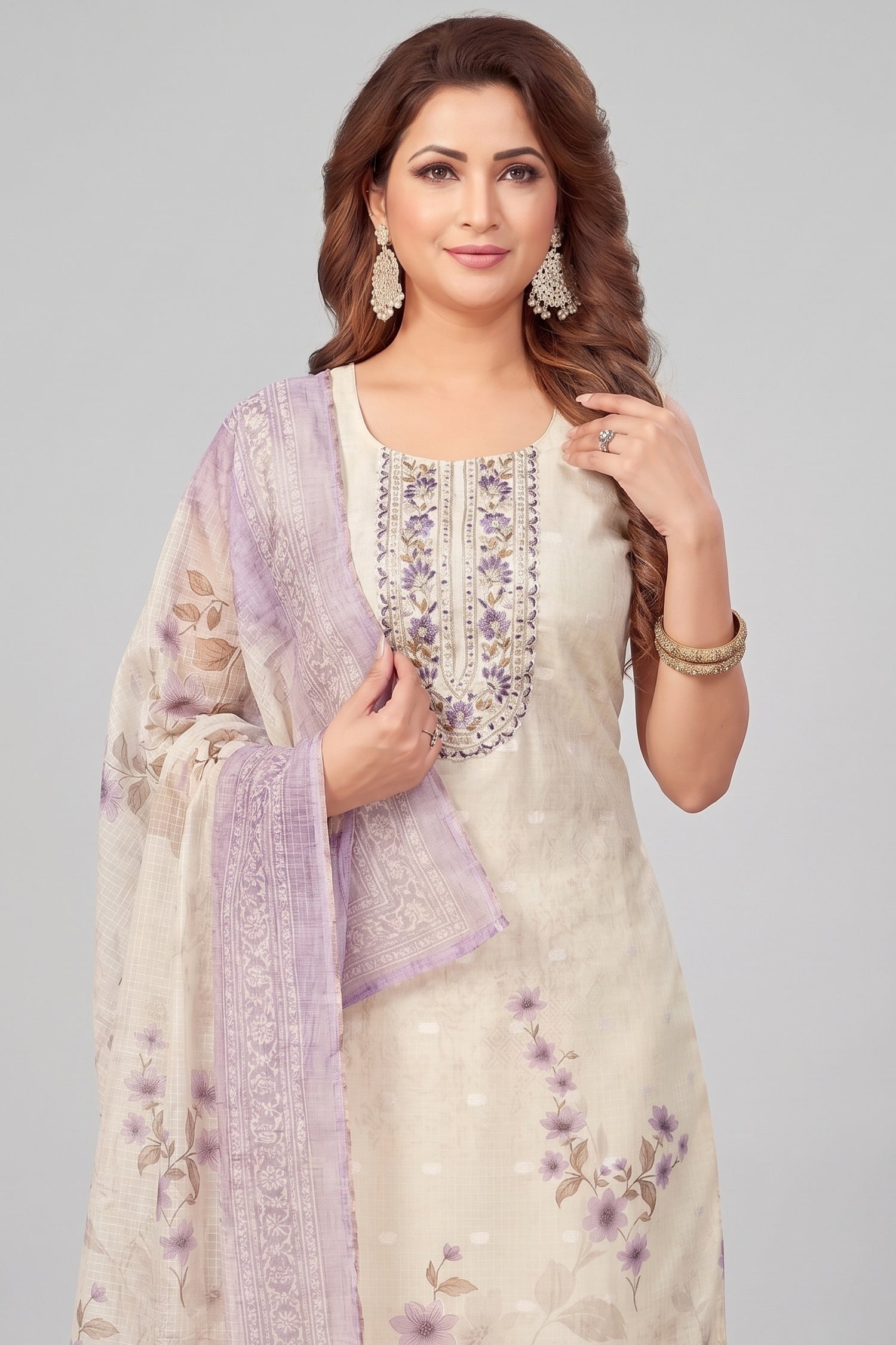 Cream Chanderi Cotton Floral Digital Printed Straight Cut Kurti Set