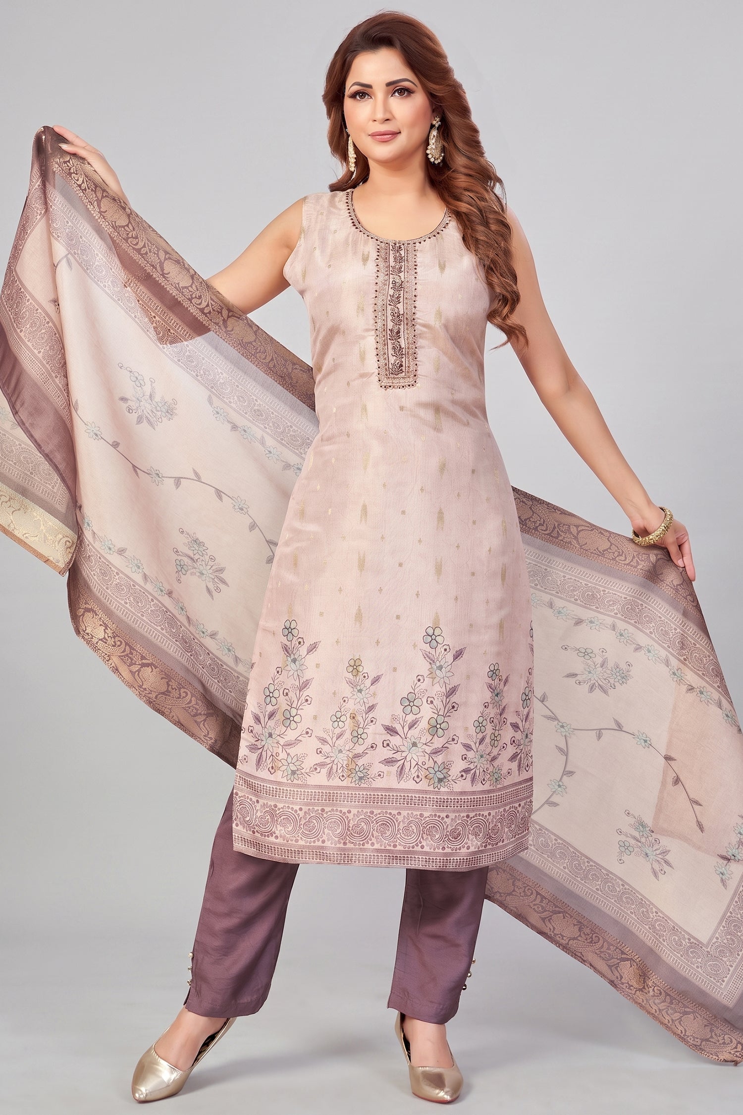 Pink Chanderi Cotton Digital Printed Straight Cut Kurti Set Main image