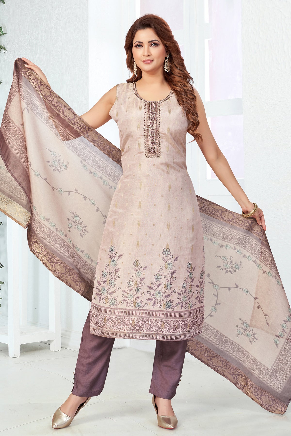 Pink Chanderi Cotton Digital Printed Straight Cut Kurti Set