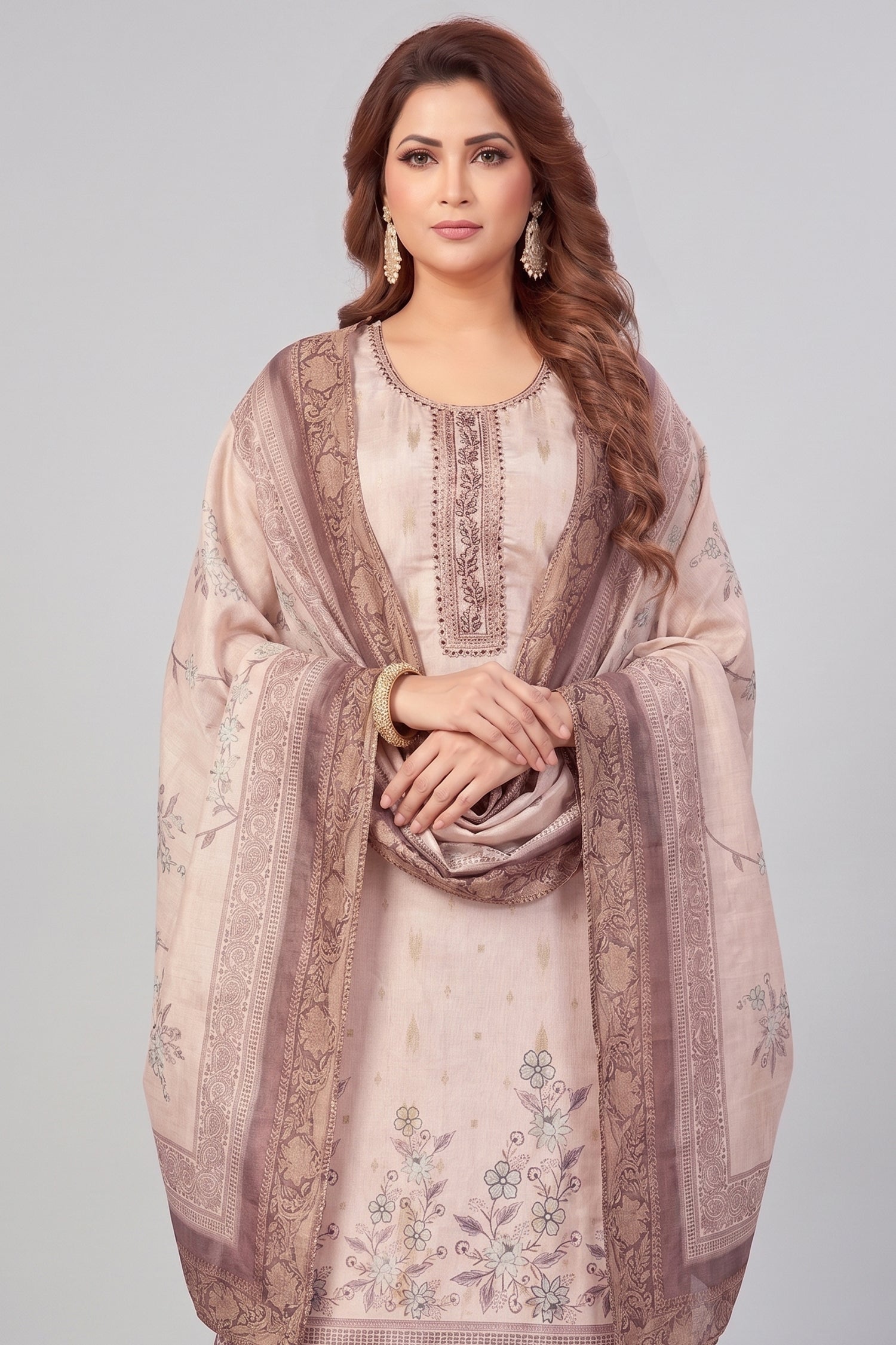 Pink Chanderi Cotton Digital Printed Straight Cut Kurti Set Secondary image