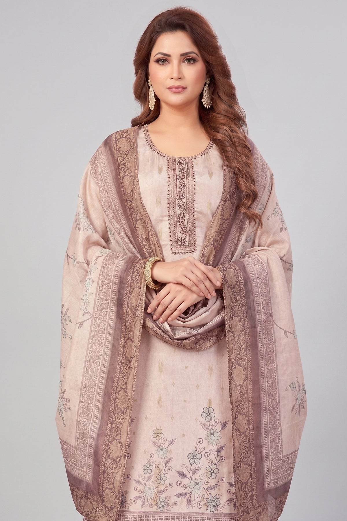 Pink Chanderi Cotton Digital Printed Straight Cut Kurti Set