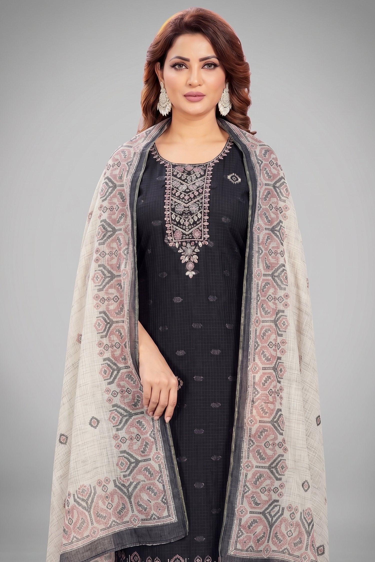Black Chanderi Cotton Printed Straight Cut Kurti Set Secondary image