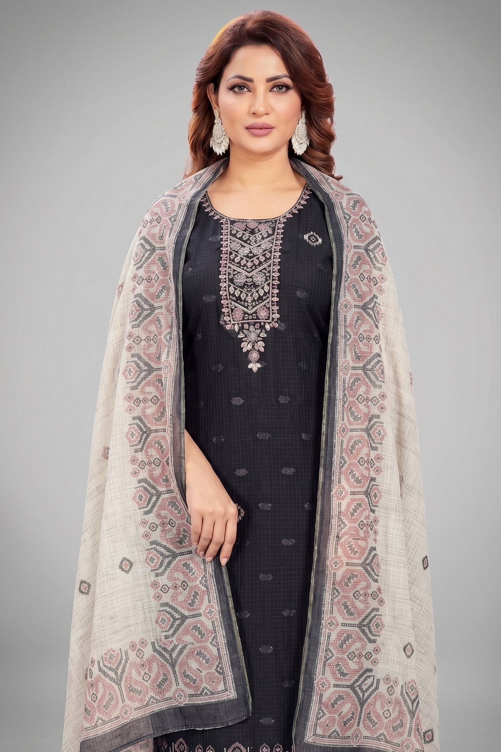 Black Chanderi Cotton Printed Straight Cut Kurti Set