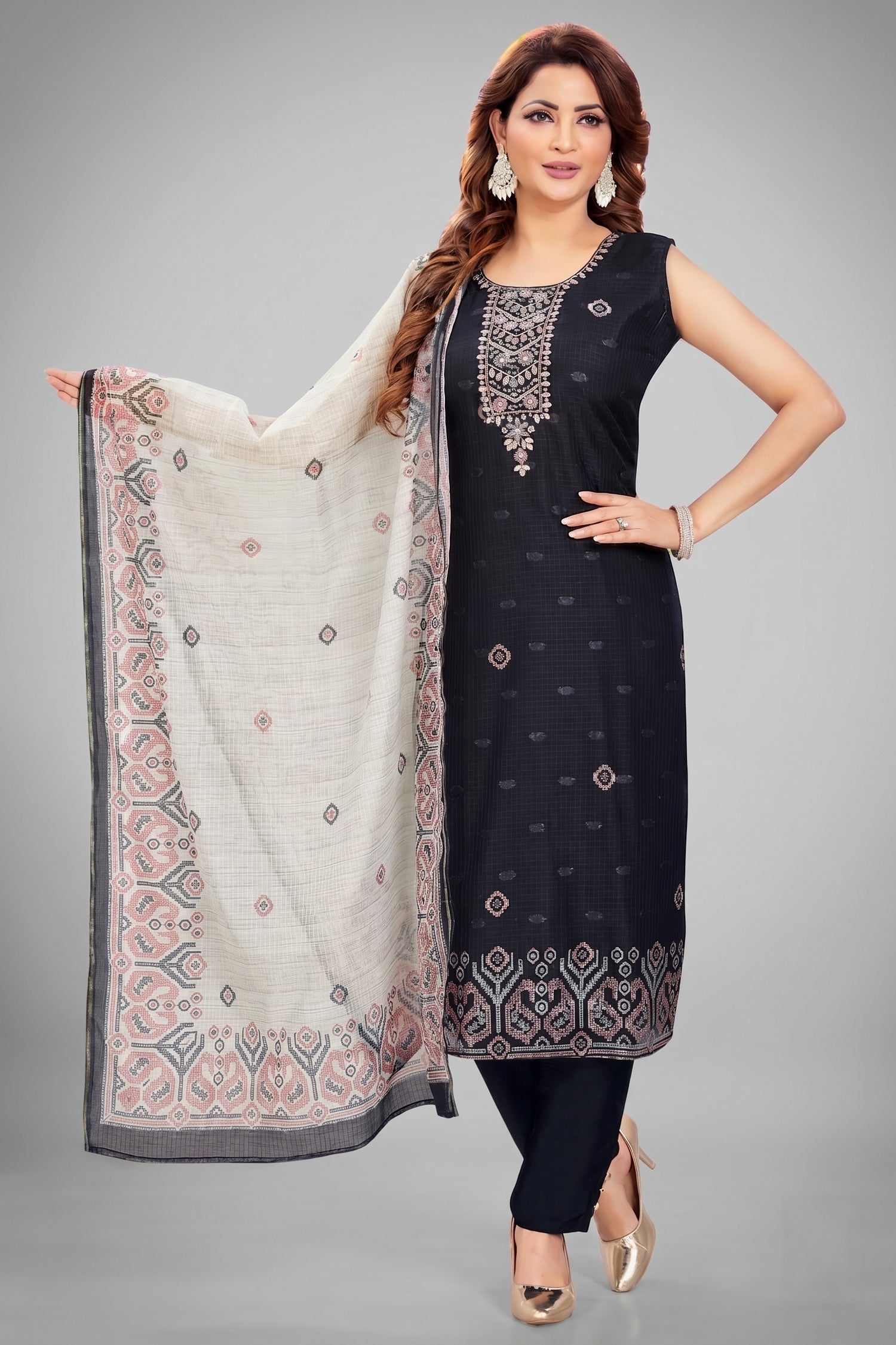 Black Chanderi Cotton Printed Straight Cut Kurti Set Main image