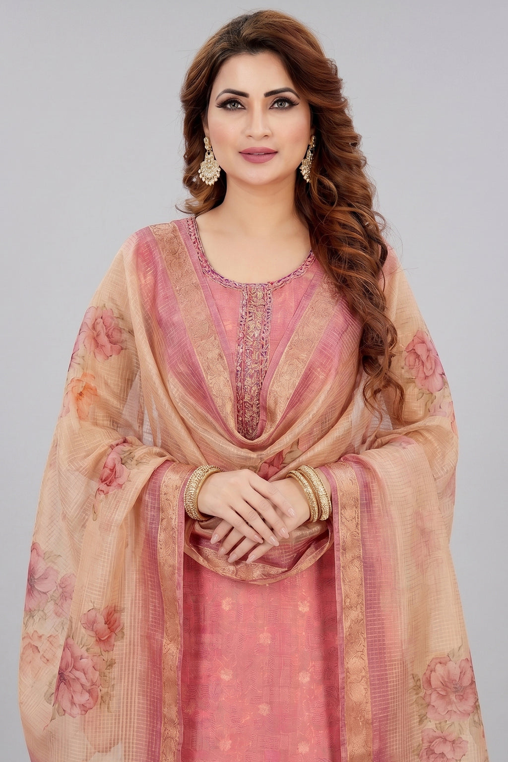 Pink Chanderi Cotton Straight Cut Kurti Set