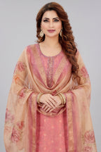 Pink Chanderi Cotton Straight Cut Kurti Set
