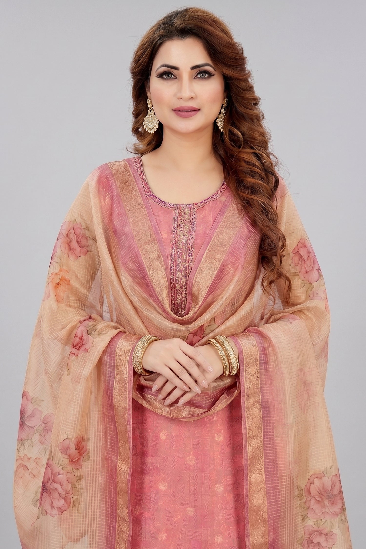 Pink Chanderi Cotton Straight Cut Kurti Set