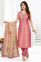 Pink Chanderi Cotton Straight Cut Kurti Set