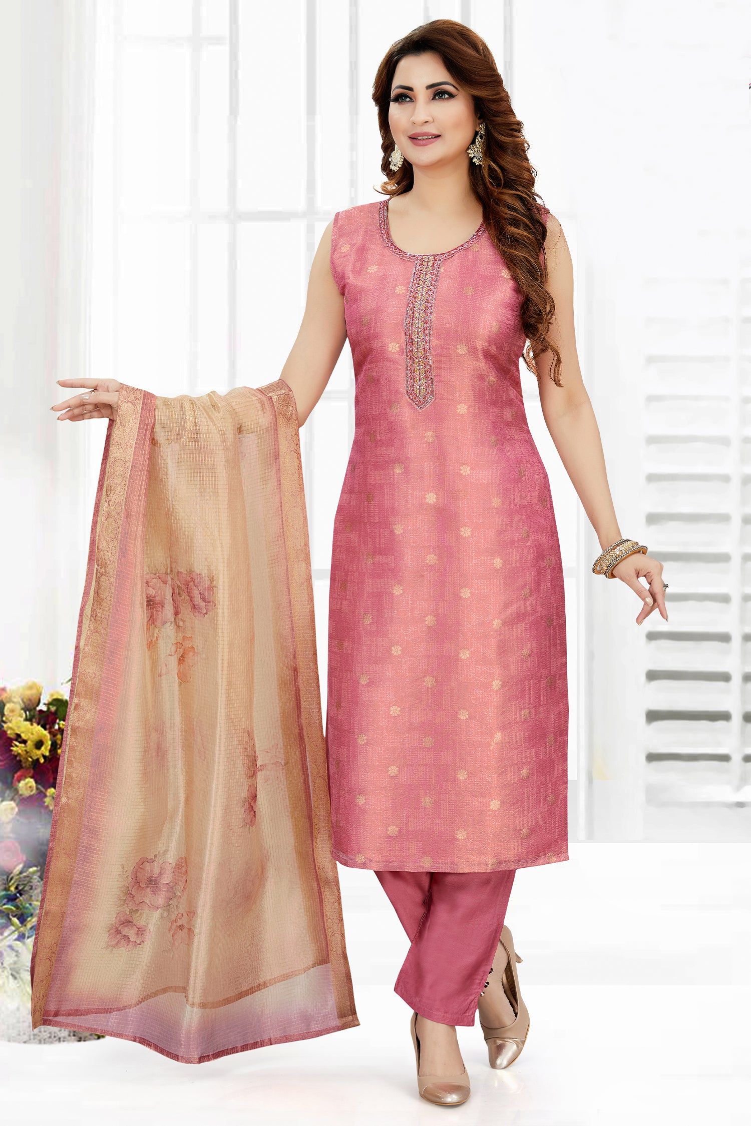Pink Chanderi Cotton Straight Cut Kurti Set