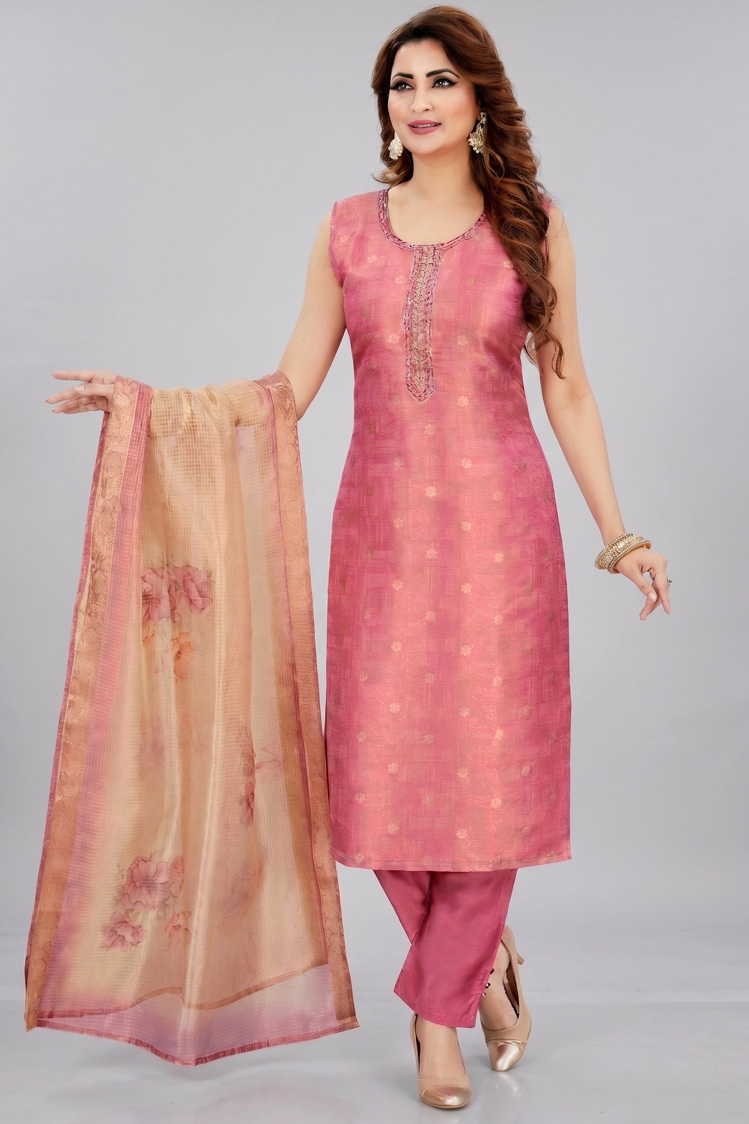 Pink Chanderi Cotton Straight Cut Kurti Set Main image