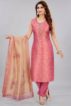 Pink Chanderi Cotton Straight Cut Kurti Set