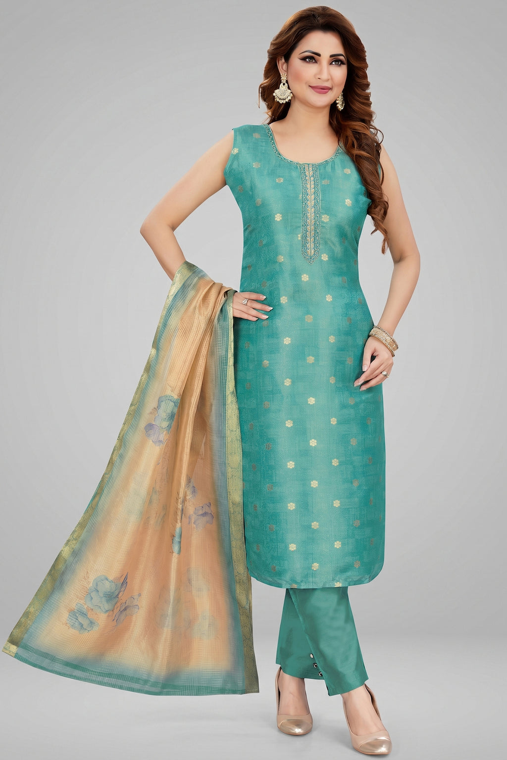 Sea Green Chanderi Cotton Straight Cut Kurti Set
