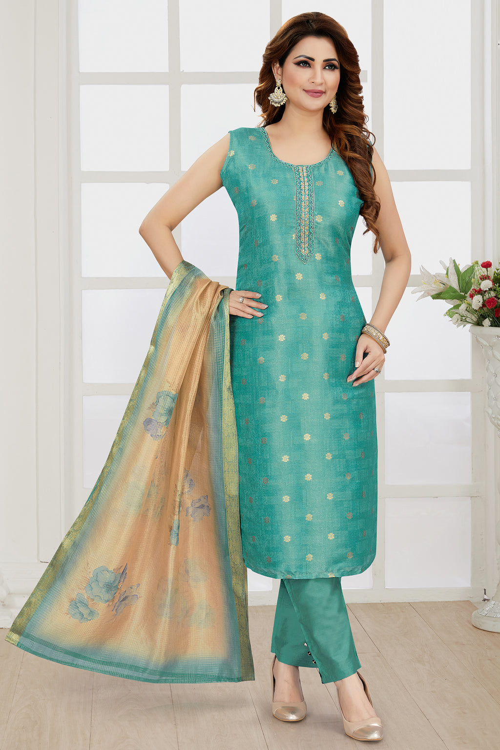 Sea Green Chanderi Cotton Straight Cut Kurti Set