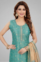 Sea Green Chanderi Cotton Straight Cut Kurti Set