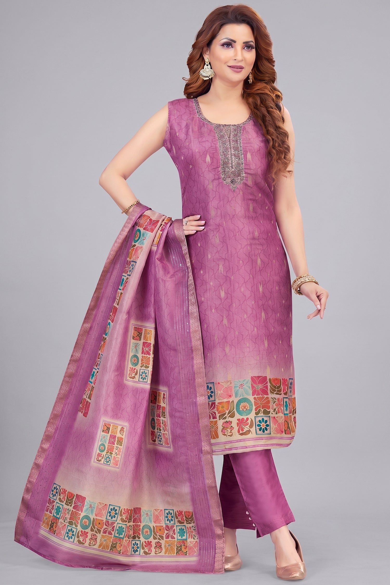 Purple Chanderi Cotton Printed Straight Cut Kurti Set Main image