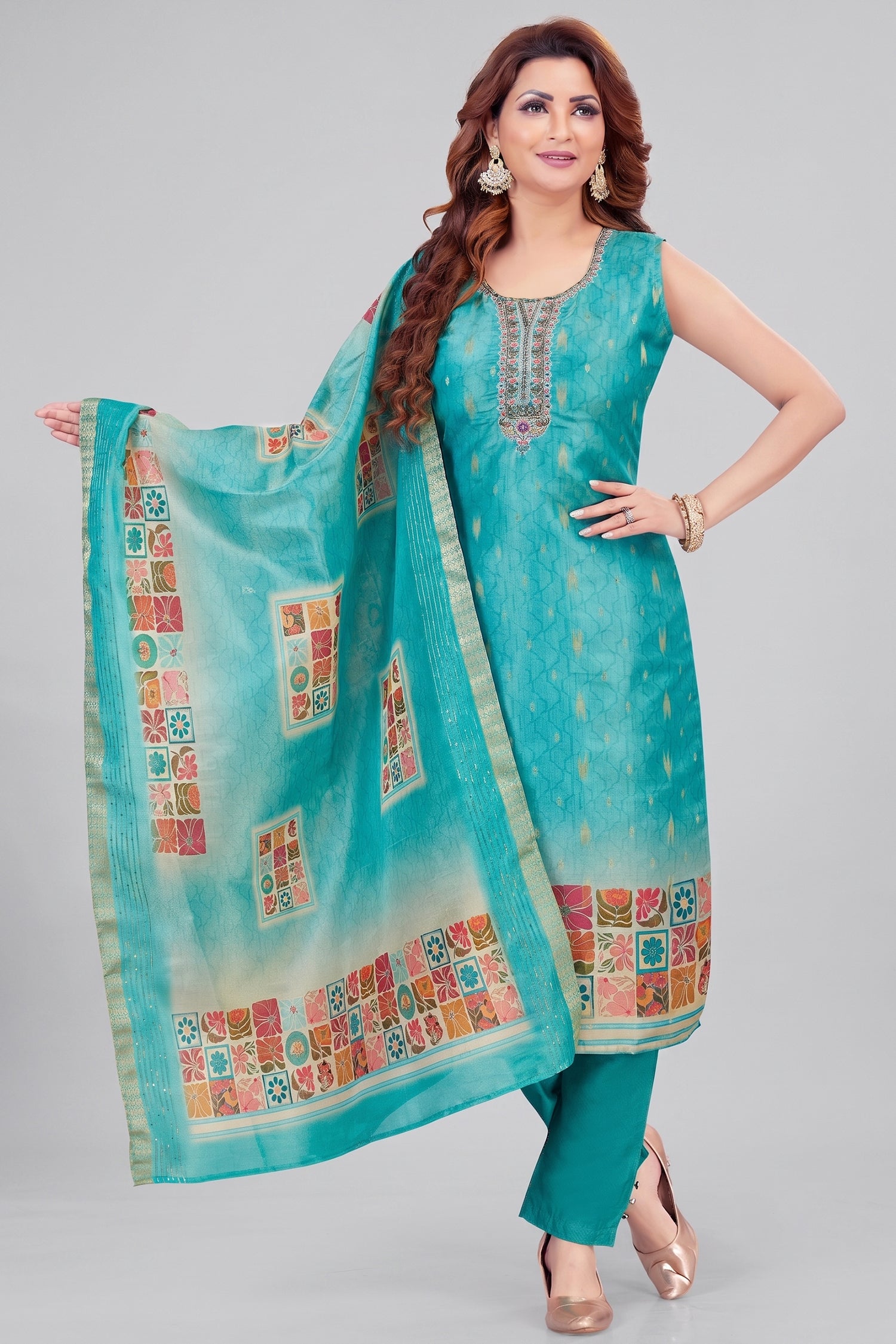 Sky Blue Chanderi Cotton Printed Straight Cut Kurti Set Main image