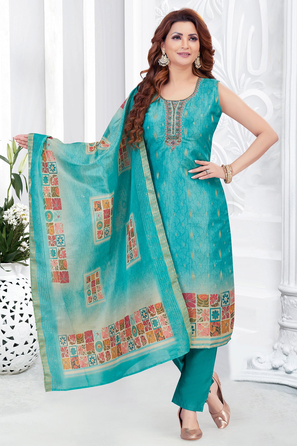 Sky Blue Chanderi Cotton Printed Straight Cut Kurti Set