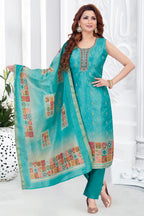 Sky Blue Chanderi Cotton Printed Straight Cut Kurti Set