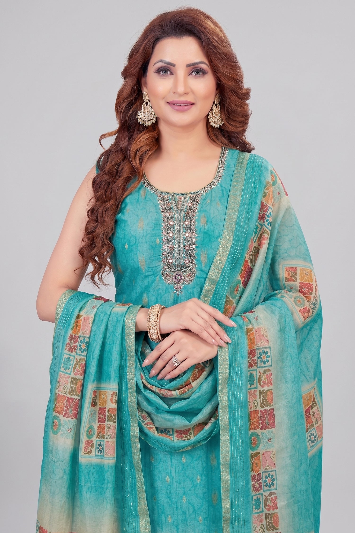 Sky Blue Chanderi Cotton Printed Straight Cut Kurti Set Secondary image