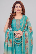 Sky Blue Chanderi Cotton Printed Straight Cut Kurti Set