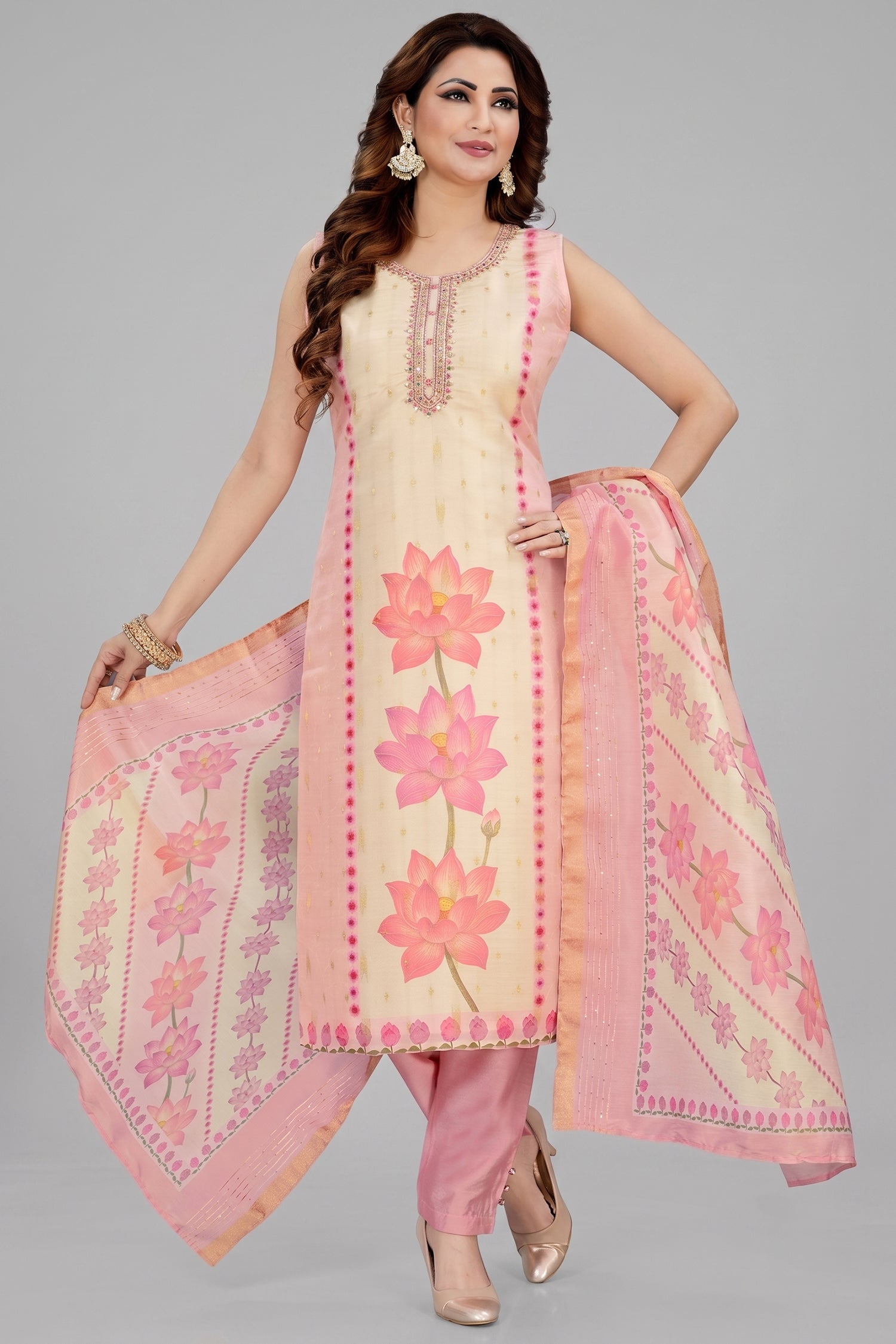 Pink Chanderi Floral Printed Straight Cut Kurti Set Main image