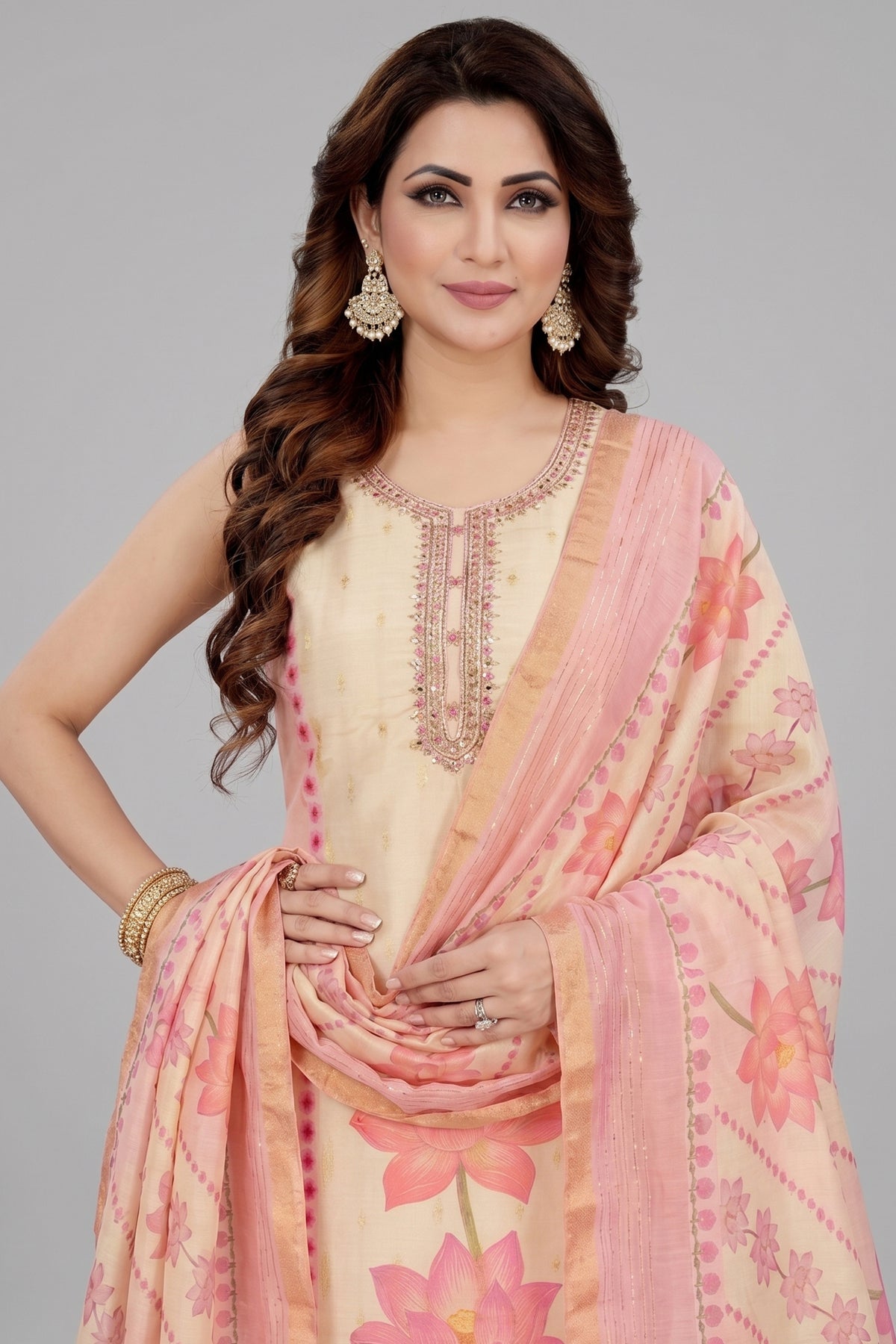 Pink Chanderi Floral Printed Straight Cut Kurti Set