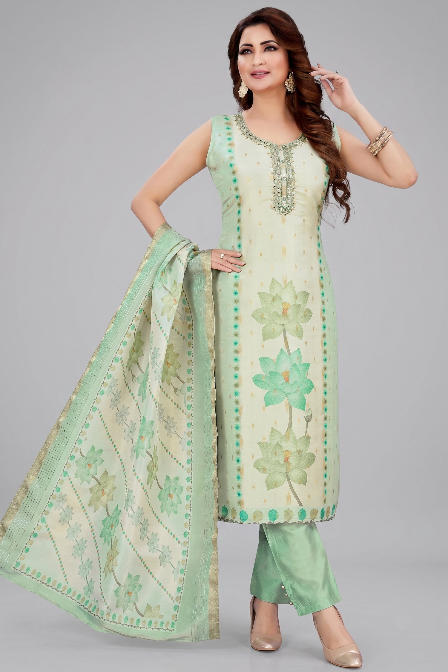Green Chanderi Floral Printed Straight Cut Kurti Set Main image