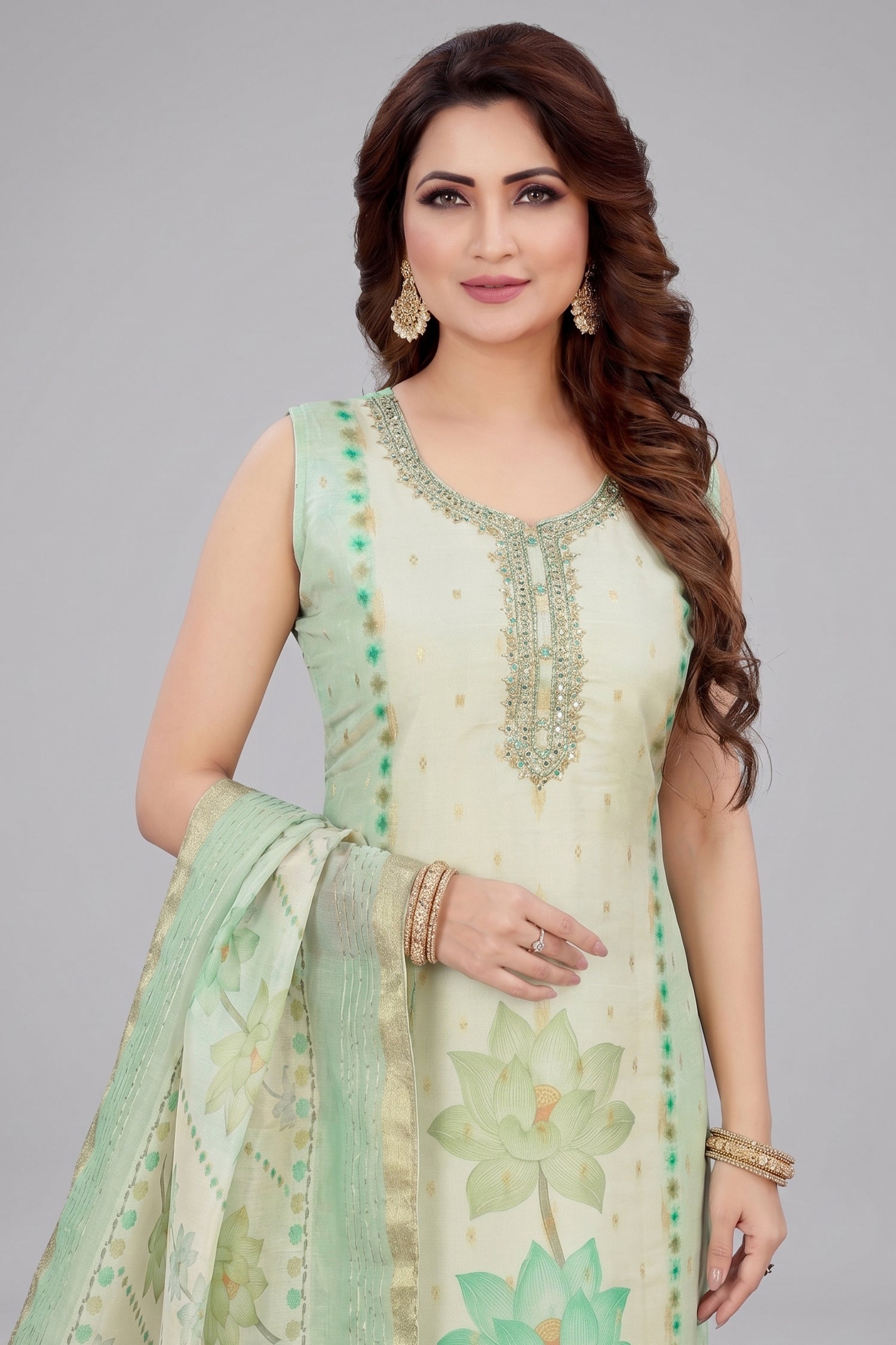 Green Chanderi Floral Printed Straight Cut Kurti Set Secondary image