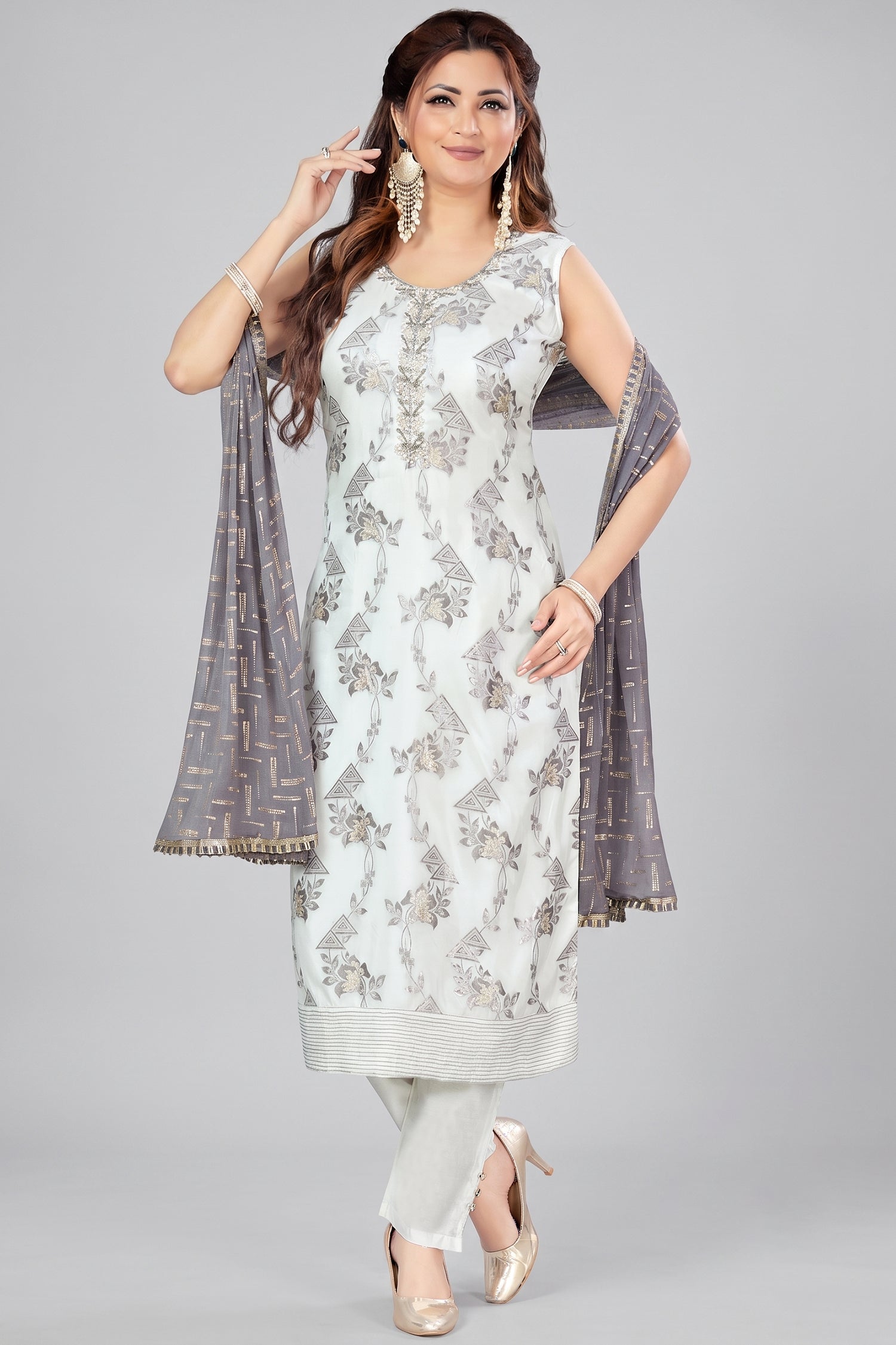 Pearl White Chanderi Woven Straight Cut Kurti Set