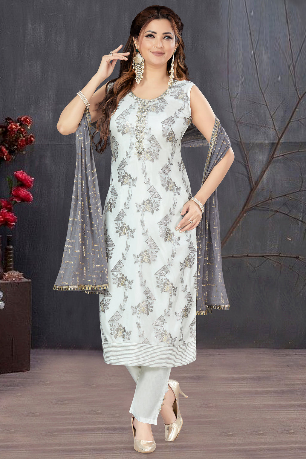 Pearl White Chanderi Woven Straight Cut Kurti Set