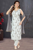 Pearl White Chanderi Woven Straight Cut Kurti Set