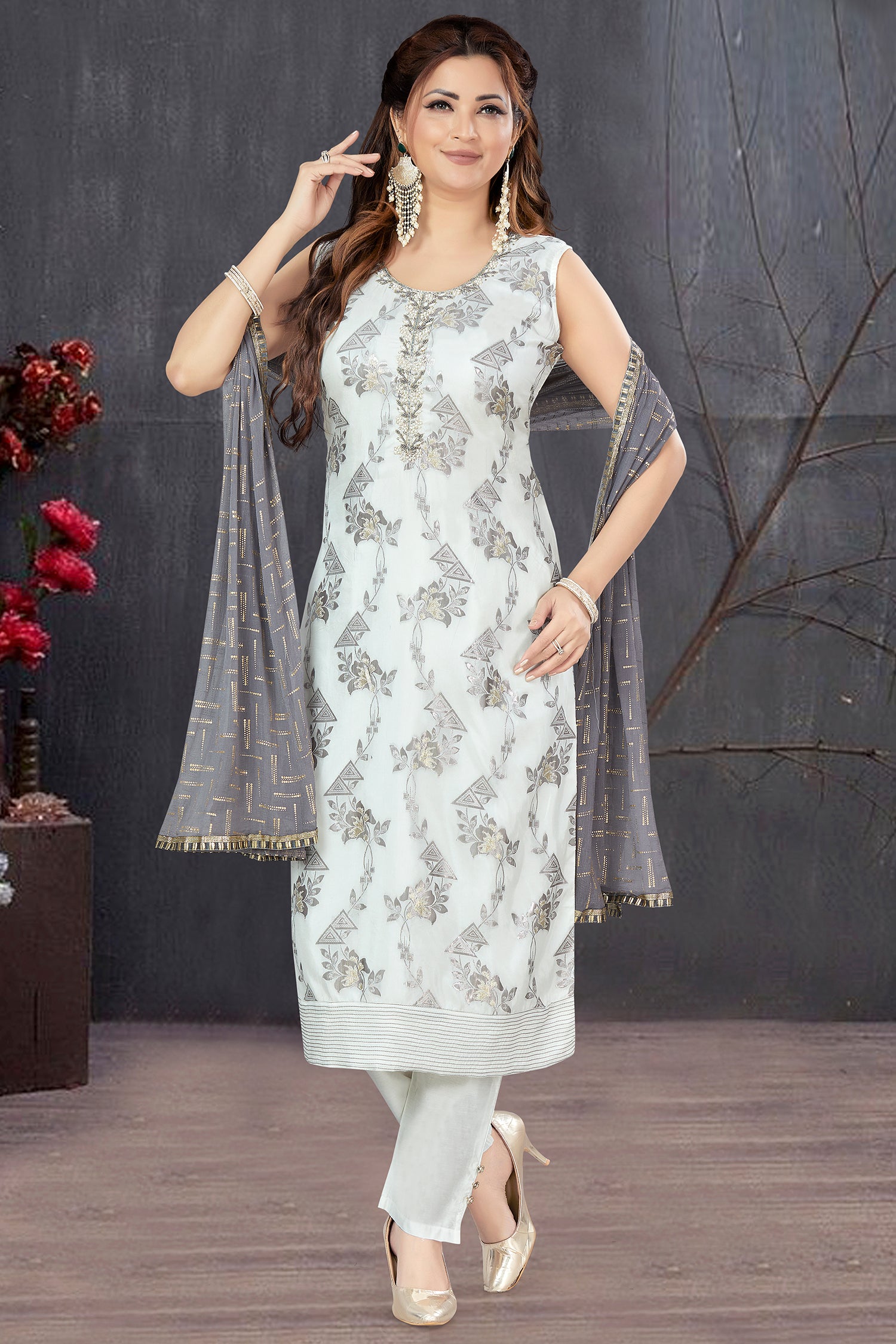 Pearl White Chanderi Woven Straight Cut Kurti Set
