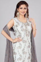 Pearl White Chanderi Woven Straight Cut Kurti Set