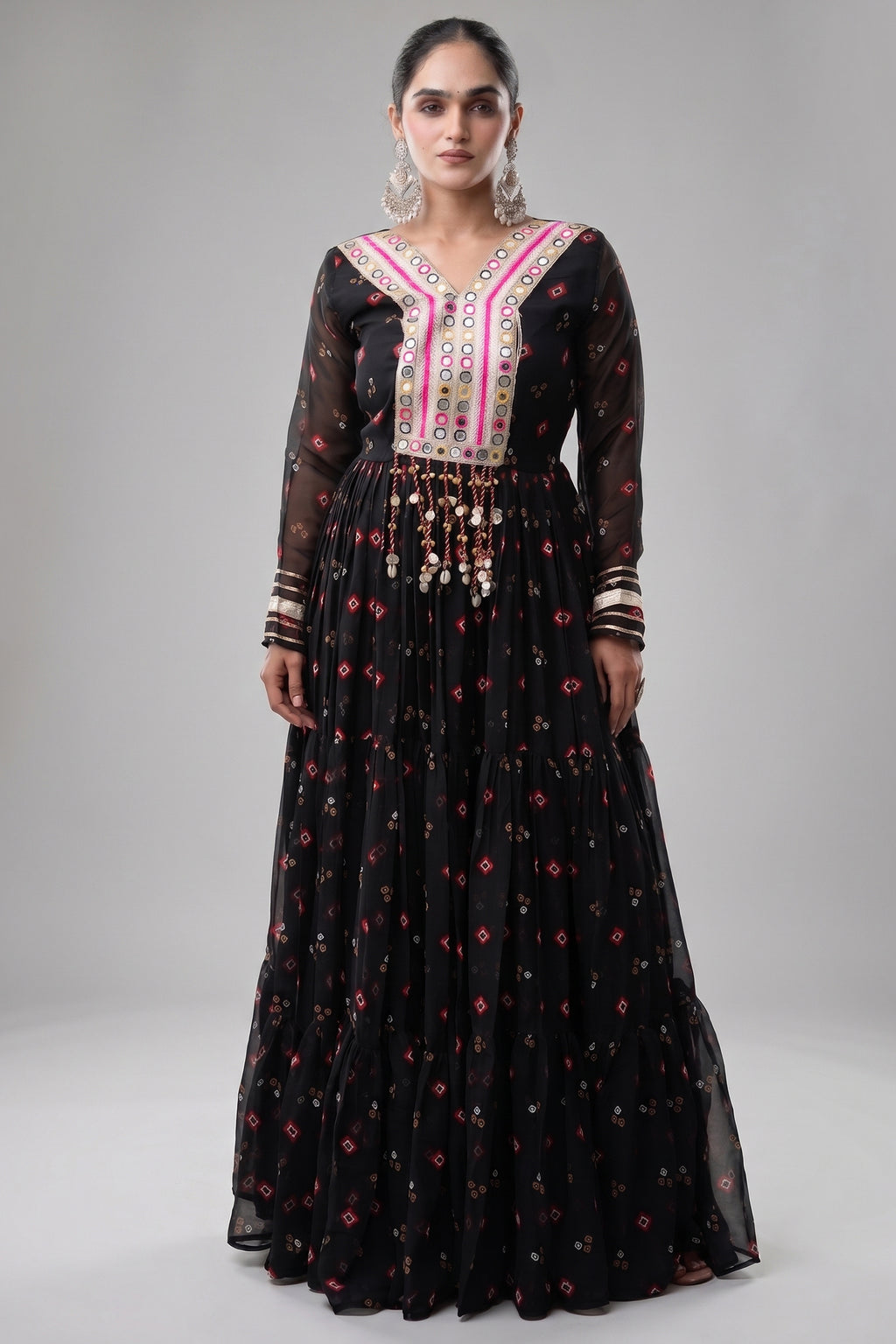 Black Georgette Printed Flared Anarkali Kurti with Mirror Work