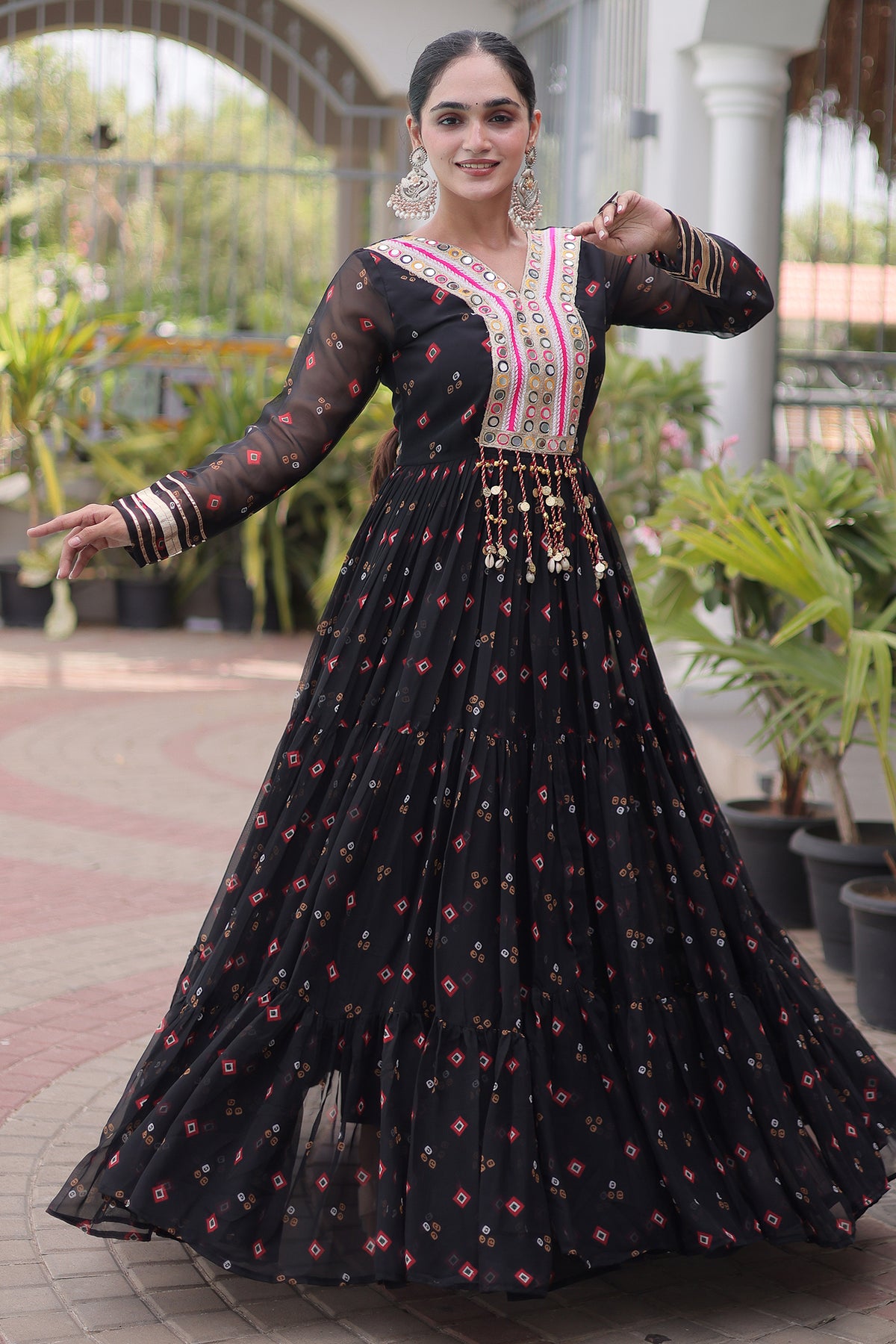Black Georgette Printed Flared Anarkali Kurti with Mirror Work