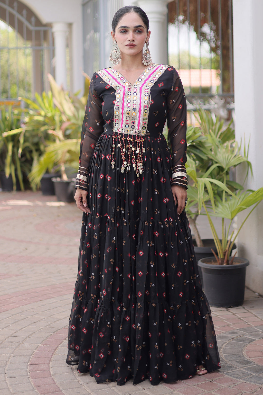 Black Georgette Printed Flared Anarkali Kurti with Mirror Work