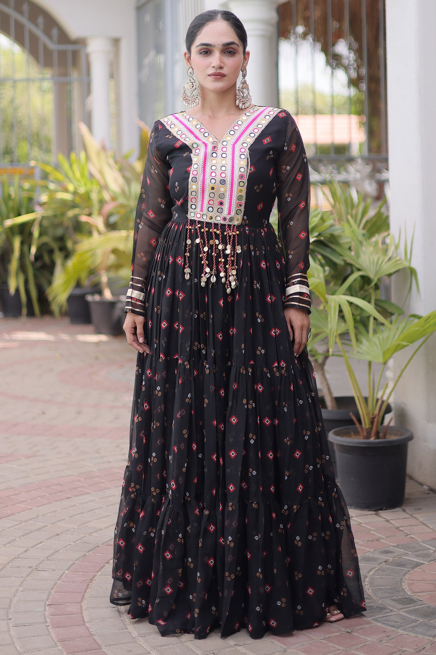 Black Georgette Printed Flared Anarkali Kurti with Mirror Work