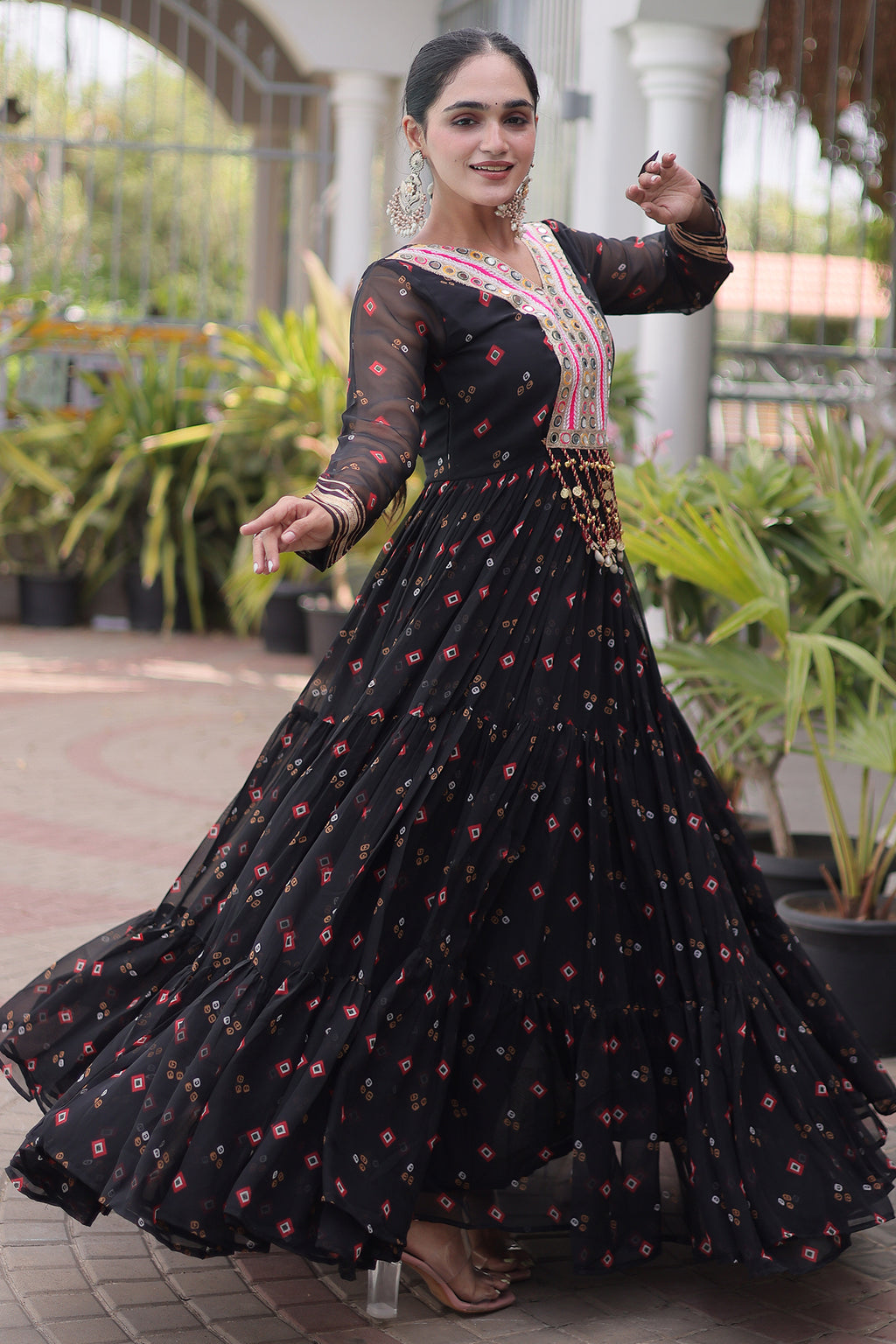 Black Georgette Printed Flared Anarkali Kurti with Mirror Work