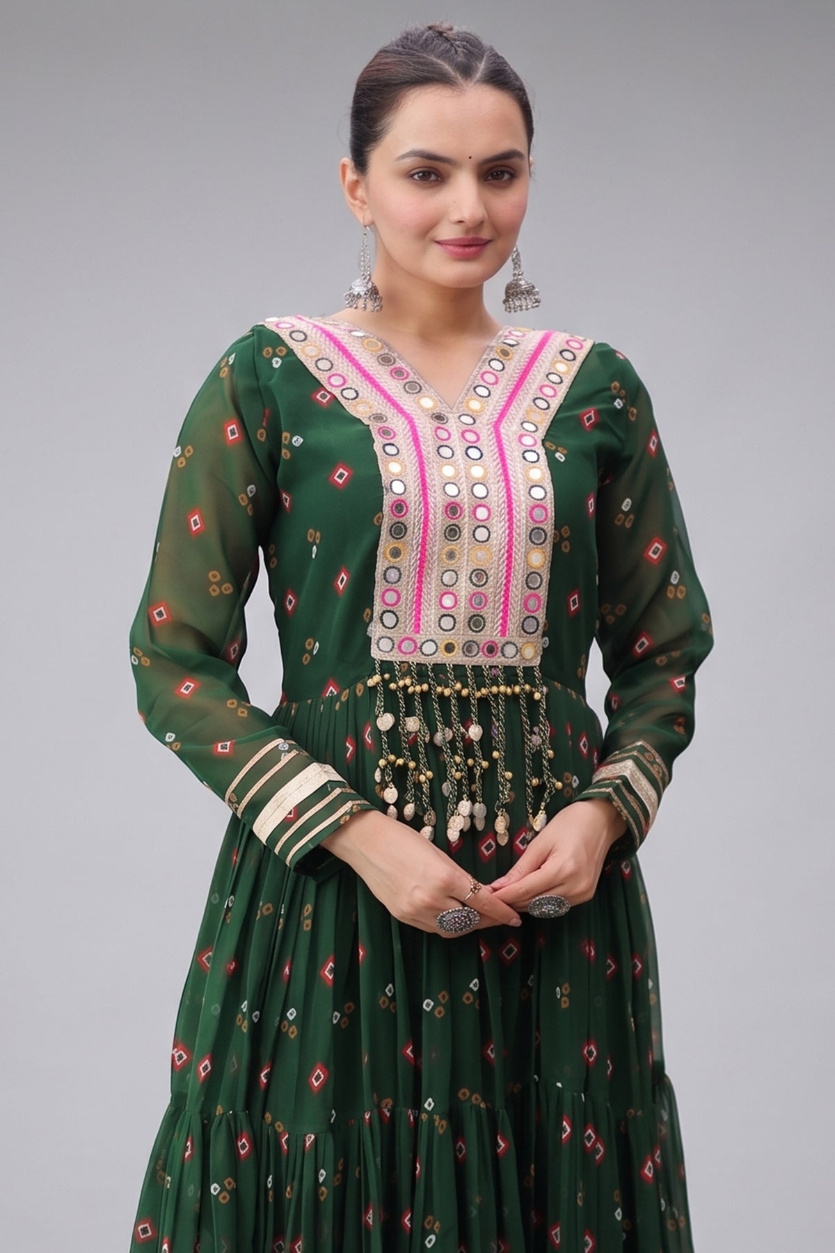Green Georgette Printed Flared Anarkali Kurti with Mirror Work