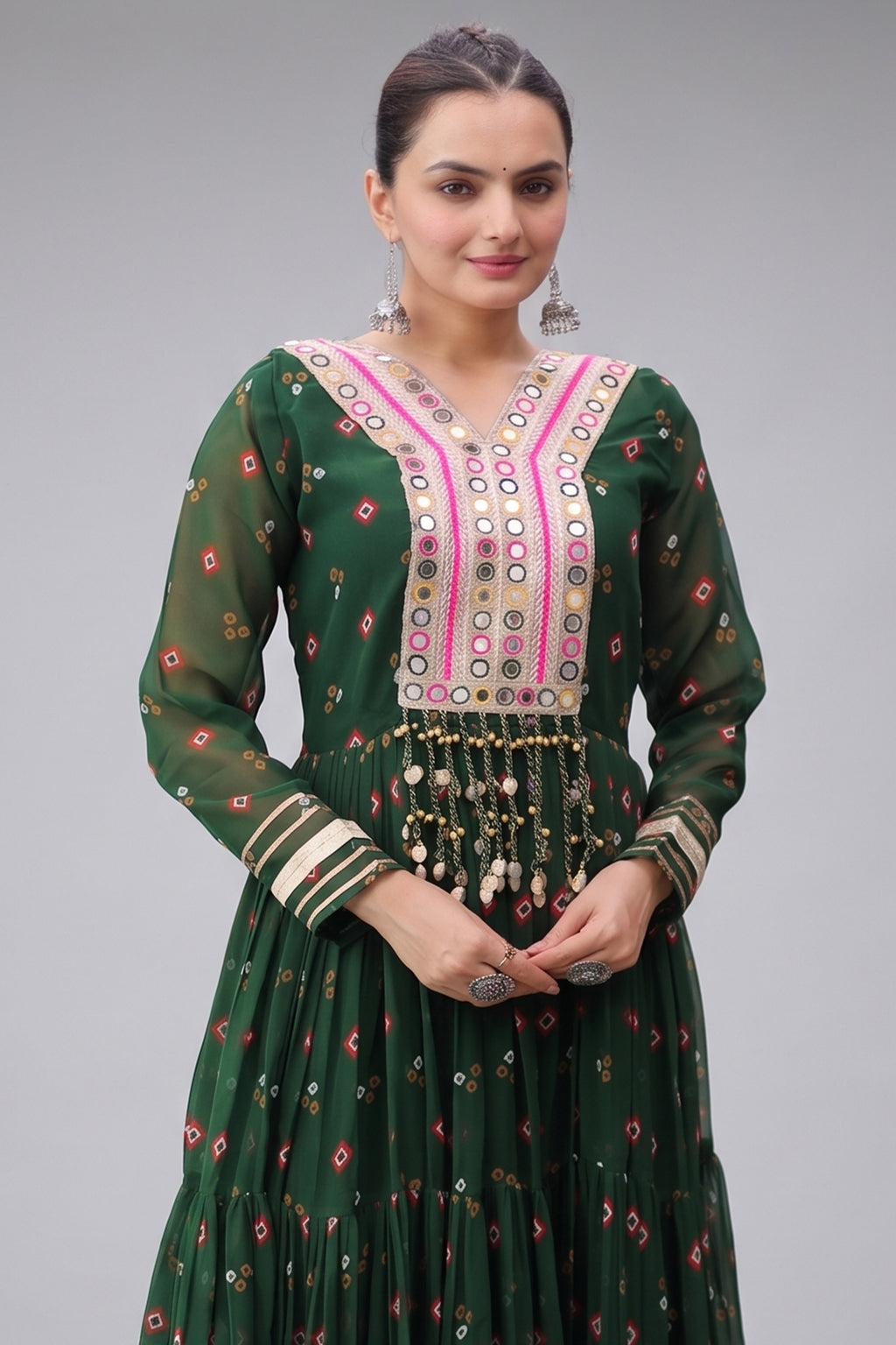 Green Georgette Printed Flared Anarkali Kurti with Mirror Work