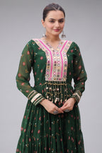 Green Georgette Printed Flared Anarkali Kurti with Mirror Work